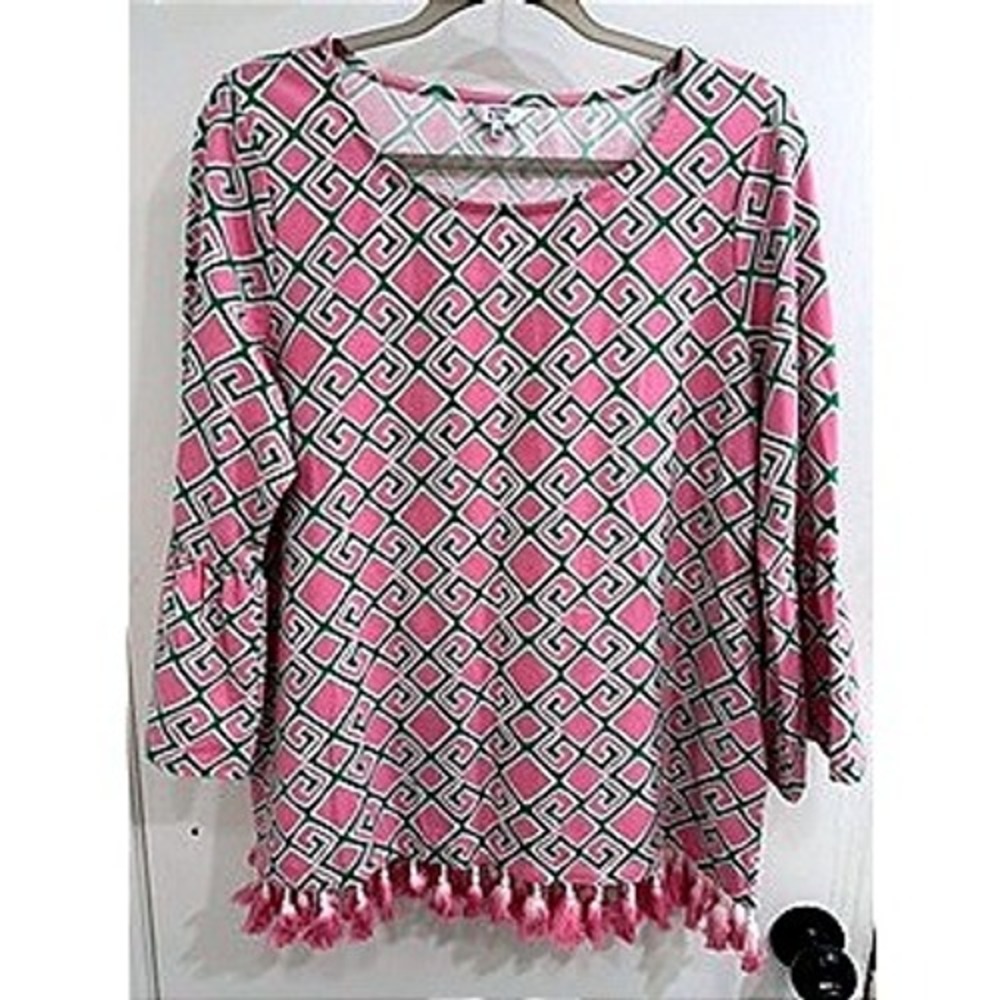 Crown & Ivy Pink Green Geometric Tassel Hem Bell Sleeve Top L Resort Cruise Boho